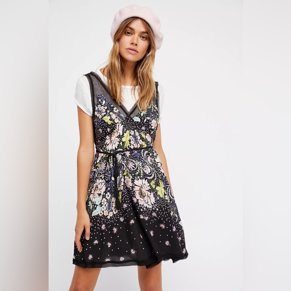 Intimately By Free People Black Floral Longwood Printed Slip Women’s Size XS